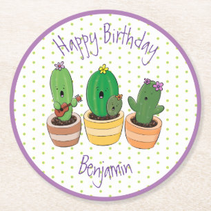 Dessous-de-verre Rond En Papier Drôle dessin animé du trio de cactus