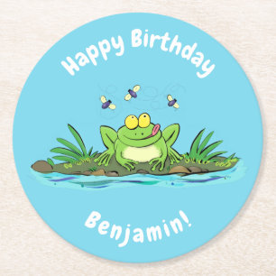 Dessous-de-verre Rond En Papier Drôle grenouille verte avec dessin de mouches