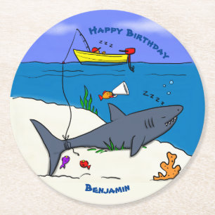 Dessous-de-verre Rond En Papier Drôle requin couché et dessin animé de pêche
