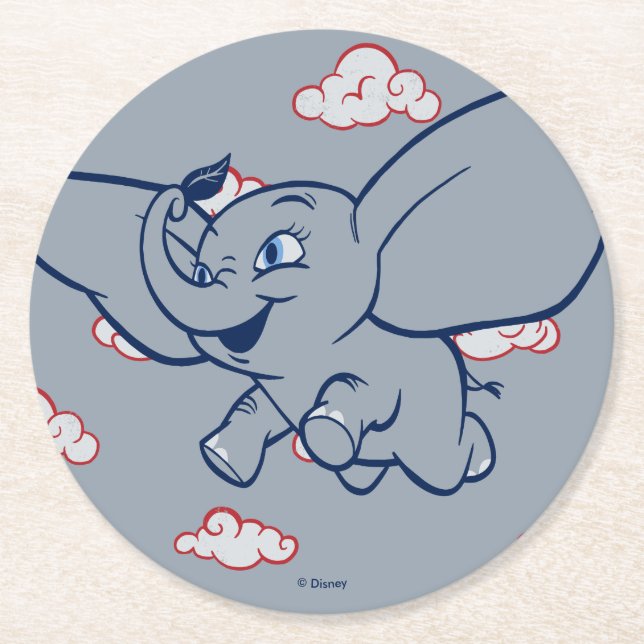 Dessous-de-verre Rond En Papier Dumbo | Cartoon Dumbo Volant Avec Plumes (Devant)
