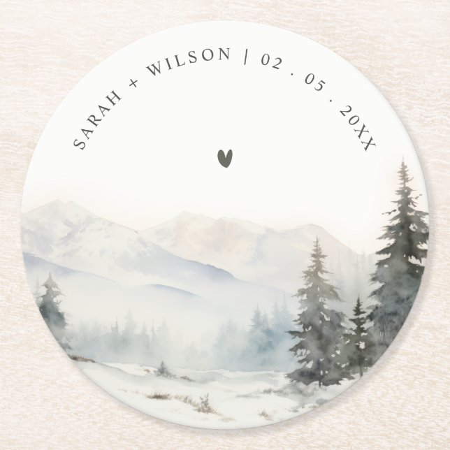 Dessous-de-verre Rond En Papier Dusky Winter Snow Mountain Mariage paysage (Devant)