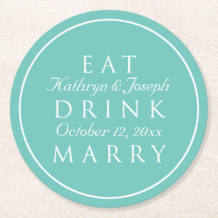 Dessous-de-verre Rond En Papier EAT BOIRE MARRY bleu turquoise personnalisation ma