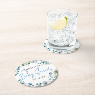 Dessous-de-verre Rond En Papier Elégant Baby shower Bleu Blanc Floral Spring Boy