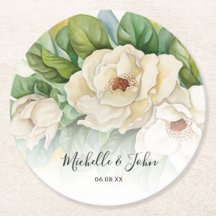 Dessous-de-verre Rond En Papier Élégant blanc floral Magnolia noms Mariage de scri