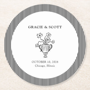 Dessous-de-verre Rond En Papier Élégant classique noir et blanc main tiré Mariage