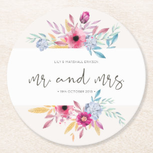 Dessous-de-verre Rond En Papier Élégant Floral M. & Mme Mariage Dessous de verr