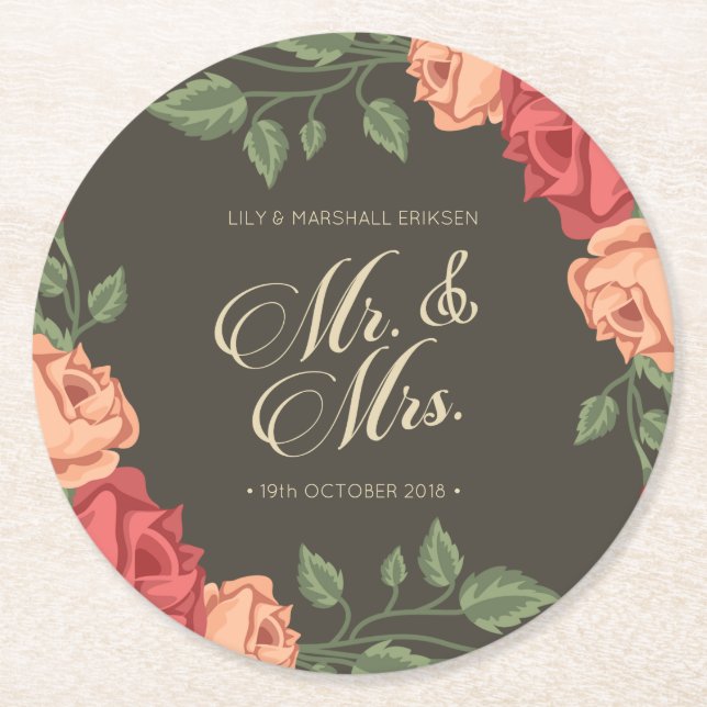 Dessous-de-verre Rond En Papier Élégant Floral Mr & Mrs Mariage | Dessous de verre (Devant)