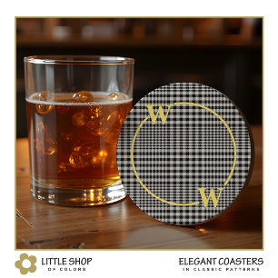 Dessous-de-verre Rond En Papier Élégant Gland Plaid Noir Or Monogramme
