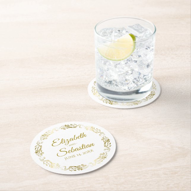 Dessous-de-verre Rond En Papier Elégant Gold Filigree Simple Mariage chic (En situation)