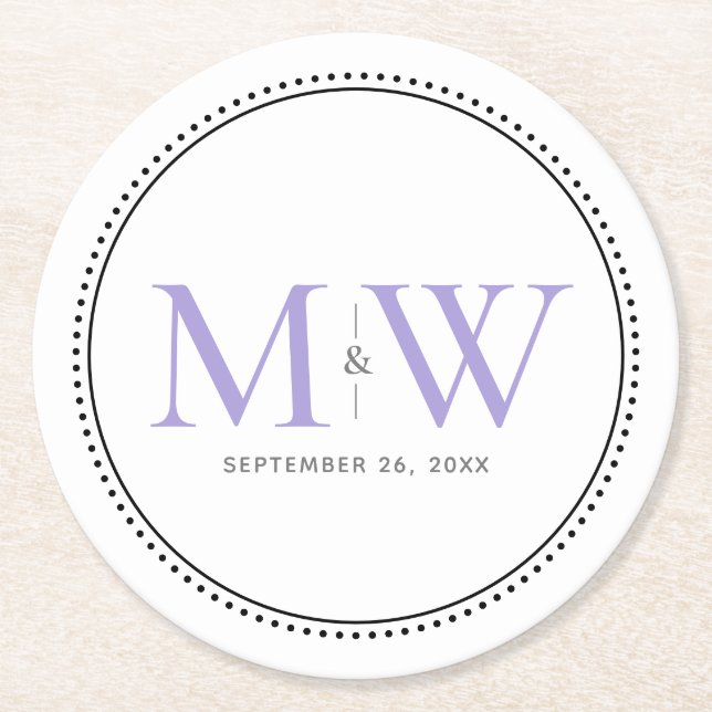 Dessous-de-verre Rond En Papier Élégant Lavender Monogram Mariage (Devant)