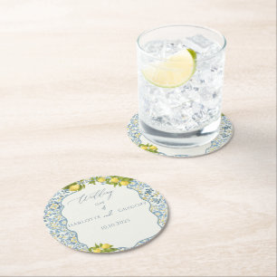 Dessous-de-verre Rond En Papier Élégant Mariage citron en carrelage bleu italien