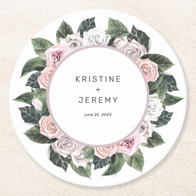 Dessous-de-verre Rond En Papier Élégant Mariage d'aquarelle rose rose mauve (Devant)