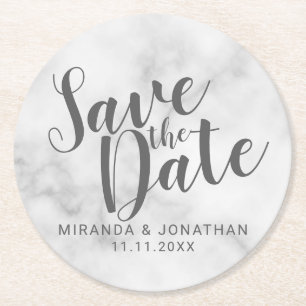 Dessous-de-verre Rond En Papier Élégant mariage Marbre blanc Enregistrer la date