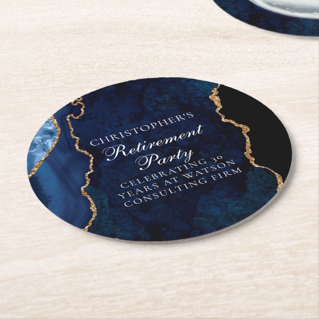 Dessous-de-verre Rond En Papier Elégant Marine Blue Gold Agate Retraite Party (Incliné)