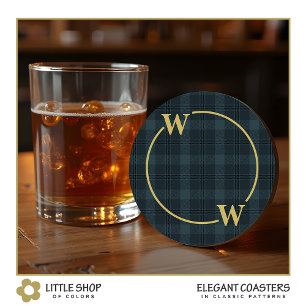 Dessous-de-verre Rond En Papier Élégant monogramme à carreaux fenestrés noir et or