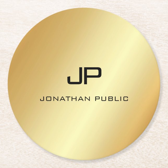 Dessous-de-verre Rond En Papier Élégant Monogramme Modèle Moderne Faux Gold (Devant)