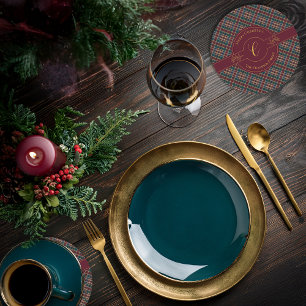 Dessous-de-verre Rond En Papier Élégant Monogramme Or Plaid Noël