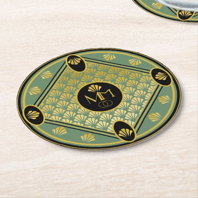 Dessous-de-verre Rond En Papier Élégant Motif Art Déco Monogramme Mariage (Incliné)