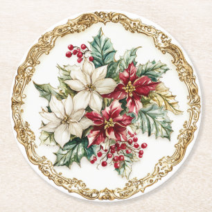 Dessous-de-verre Rond En Papier Élégant motif floral rococo de poinsettia pour le 