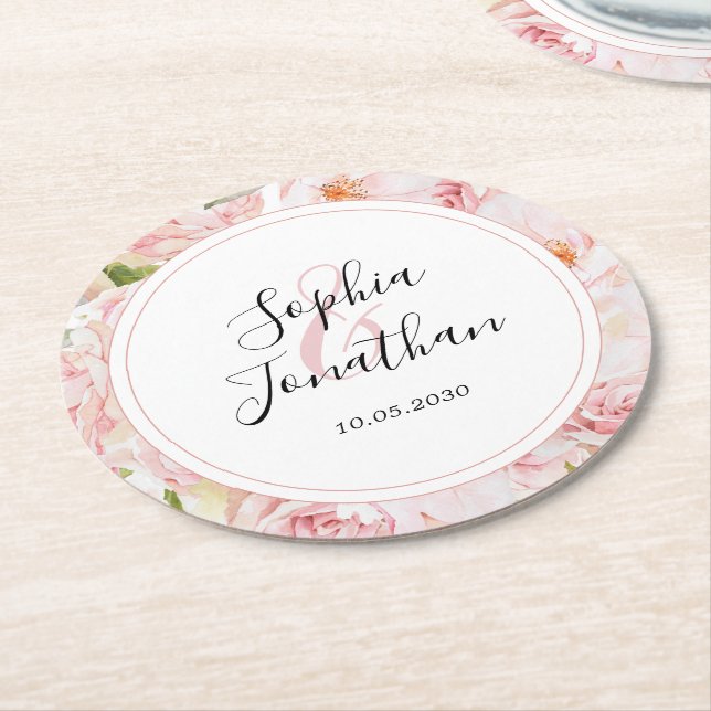 Dessous-de-verre Rond En Papier Élégant rose Roses Mariage personnalisé (Incliné)