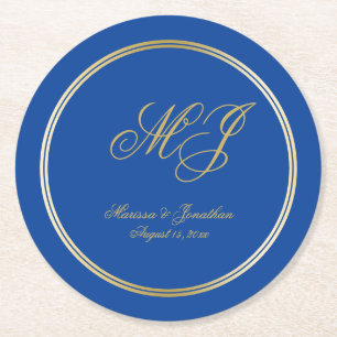 Dessous-de-verre Rond En Papier Élégant Sapphire Blue Gold Monogram Mariage Script