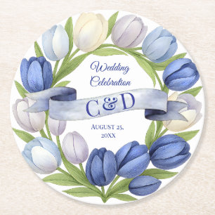 Dessous-de-verre Rond En Papier Elégante aquarelle Tulipe Mariage de couronne bleu