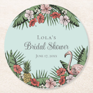 Dessous-de-verre Rond En Papier Élégante Baby Shower Flamant Tropical & Hibiscus