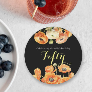 Dessous-de-verre Rond En Papier Élégante Black Orange Floral 50e fête d'anniversai