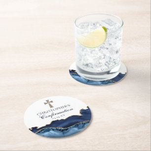 Dessous-de-verre Rond En Papier Élégante Confirmation Cross Navy Blue Gold Party