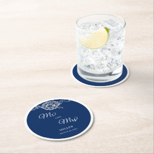 Dessous-de-verre Rond En Papier Elégante dentelle florale sur Mariage bleu marine