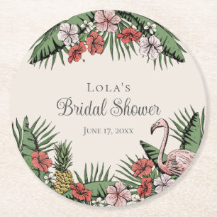 Dessous-de-verre Rond En Papier Élégante douche de mariée flamant rose et hibiscus