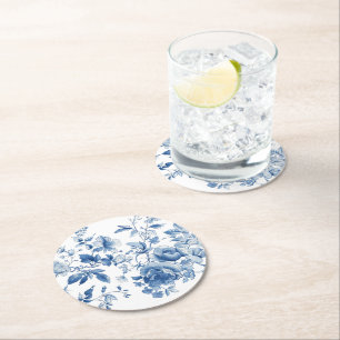 Dessous-de-verre Rond En Papier Élégante Fête de Mariage Toile de Jouy Bleue Chino