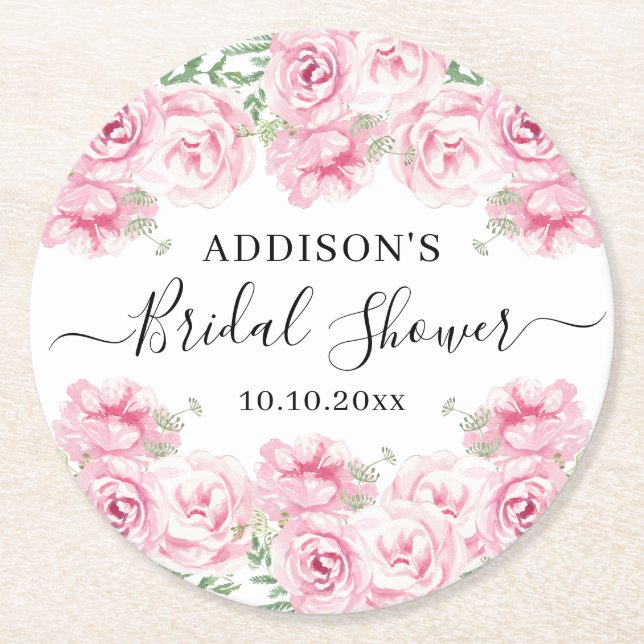 Dessous-de-verre Rond En Papier Elégante Fête des mariées Rose aquarelle (Devant)