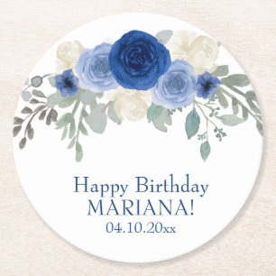 Dessous-de-verre Rond En Papier Elégante Floral Navy Blue Floral fête d'anniversai