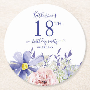 Dessous-de-verre Rond En Papier Élégante Pink Purple Floral 18ème anniversaire