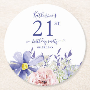 Dessous-de-verre Rond En Papier Élégante Pink Purple Floral 21e fête d'anniversair