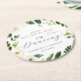 Dessous-de-verre Rond En Papier Elégante réception de mariage floral blanc Je dans