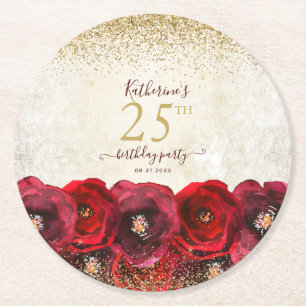 Dessous-de-verre Rond En Papier Élégante Rose rouge Floral Gold 25e fête d'anniver