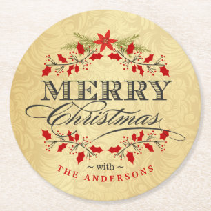 Dessous-de-verre Rond En Papier Élégante Typographie de Noël Vintage Holly