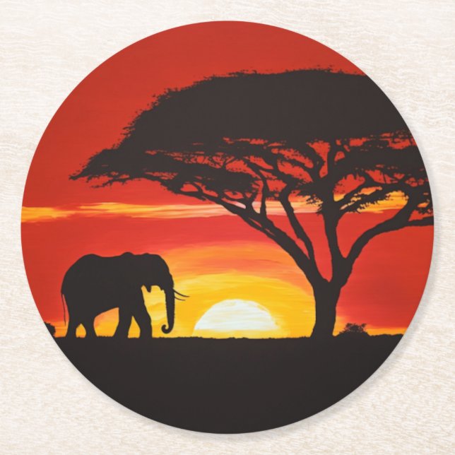 Dessous-de-verre Rond En Papier Eléphant africain au coucher du soleil (Devant)