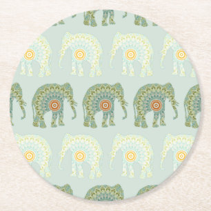 Dessous-de-verre Rond En Papier Éléphant et Mandala en Vert Clair