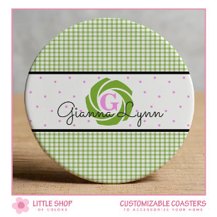 Dessous-de-verre Rond En Papier En vichy vert monogrammé