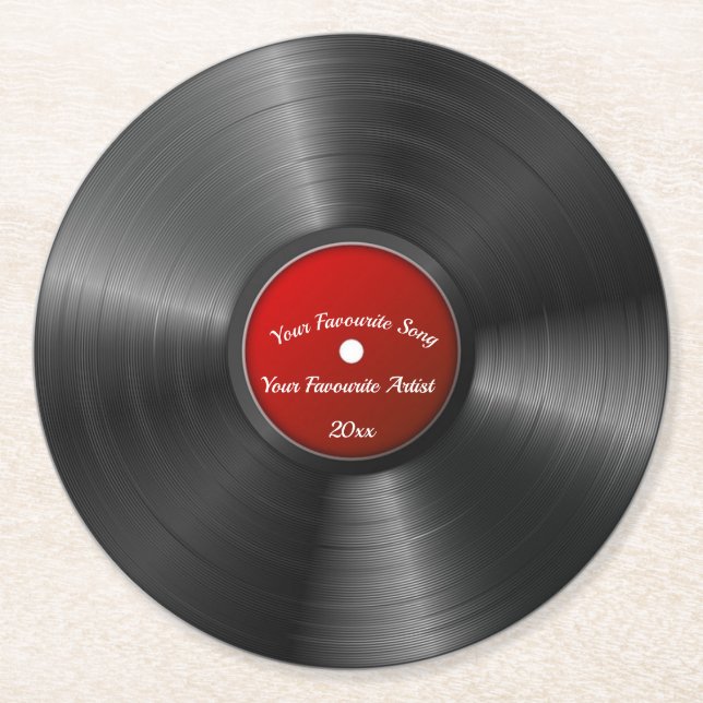 Dessous-de-verre Rond En Papier Enregistrement Retro Vinyl Avec Centre Rouge (Devant)