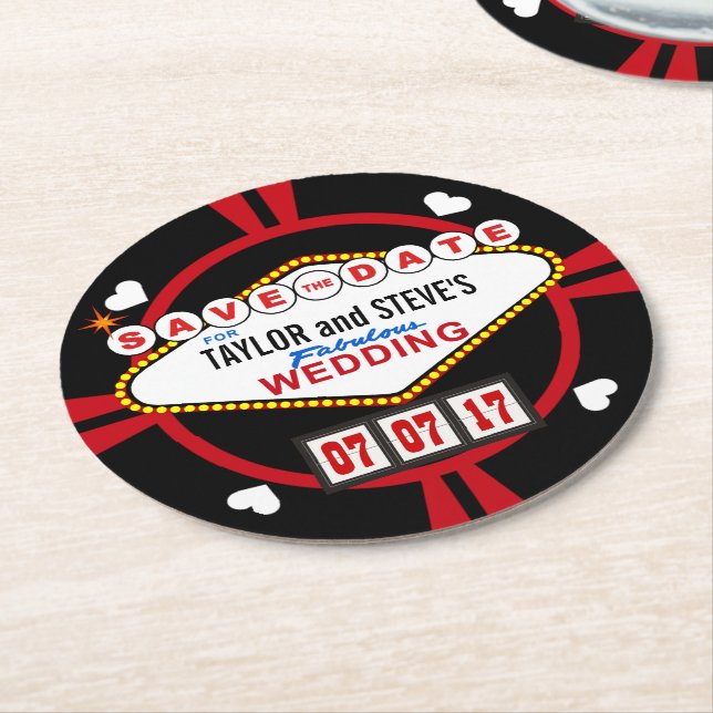 Dessous-de-verre Rond En Papier Enregistrer la date Las Vegas Mariage Poker Chip (Incliné)