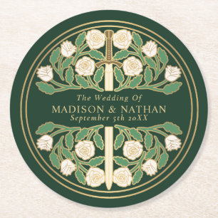 Dessous-de-verre Rond En Papier Épée florale royale médiévale verte pour mariage e