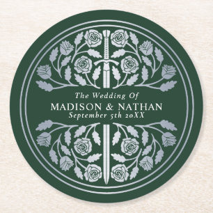 Dessous-de-verre Rond En Papier Épée Médiévale Royale Verte Argentée de Mariage