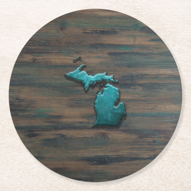 Dessous-de-verre Rond En Papier État du Michigan Turquoise (Devant)