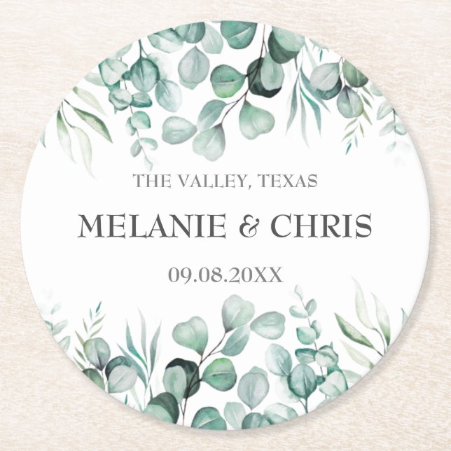 Dessous-de-verre Rond En Papier Eucalyptus Verdure Custom Boho Rustique Mariage (Devant)