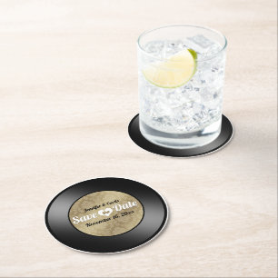 Dessous-de-verre Rond En Papier Faire part de date de mariage sur vinyle rétro Rou