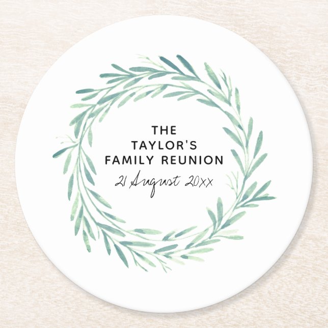 Dessous-de-verre Rond En Papier Famille Réunion Aquarelle Wreath Verdure Foliage (Devant)